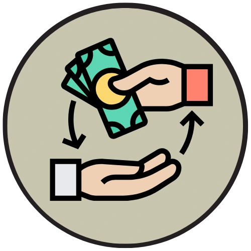 Icon en couleur représentant deux main dont une qui donne des billets d'argents à l'autre