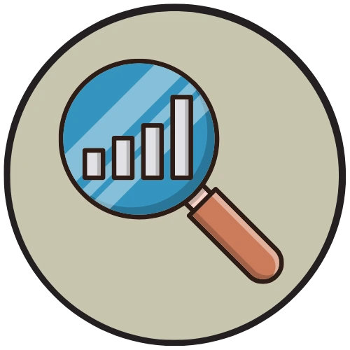 Icon en couleur qui représente une loupe avec des trait d'analyses.