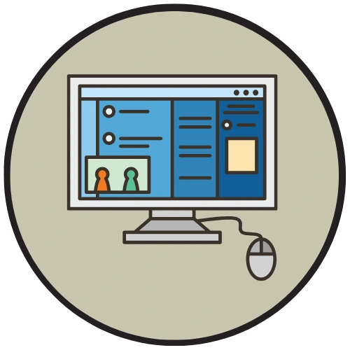 Icon qui représente une fenêtre d'ordinateur sur une page web avec des cadres et du texteen couleur